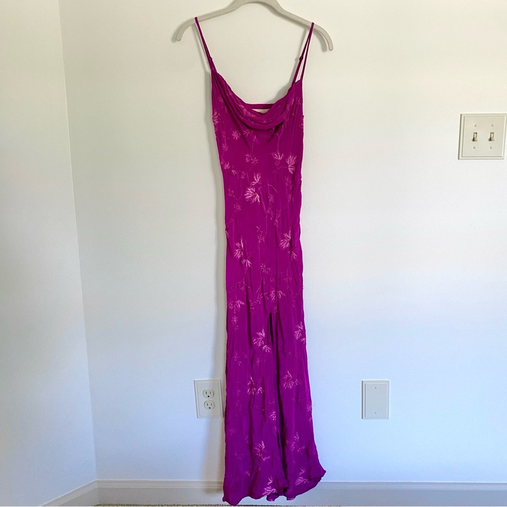 Cleobella Floral Embroidered Cowl Neck Bias Cut Slip Dress with Slit